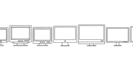 Collection of diverse modern computer monitors and displays lined up in a row vector