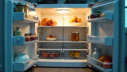 Empty Refrigerator A poignant image of hunger and food insecurity, showcasing bare shelves and empty containers, evoking feelings of need and potential hardship. Minimalist style.