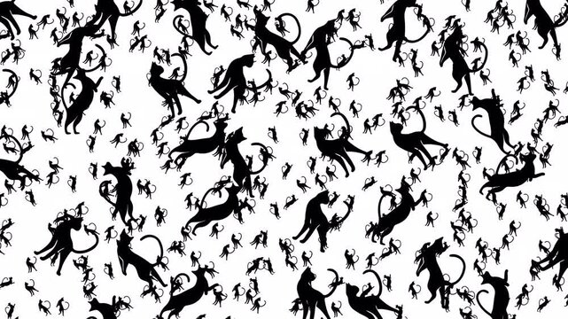 Ethereal pattern of cat doodle silhouettes drifting across canvas serves as seamless textile loop, digital art wallpaper, minimalist branding motion, elegant decorative design, and creative illustrati