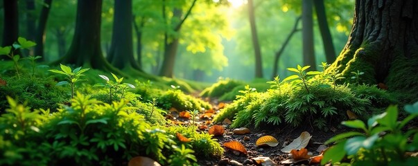 Sunlight Dapples Lush Green Forest Floor, Autumn Leaves and Moss Carpet - Perfect Nature Photography for Environmental & Design Projects