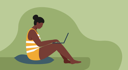 Relaxed woman in swimsuit working on laptop Remote work summer lifestyle freelance productivity