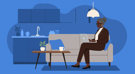 Senior businesswoman works remotely on laptop in a modern home office setting focused