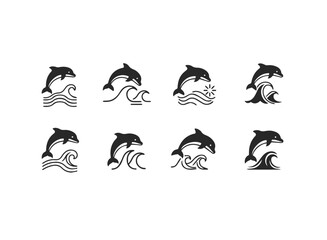 Set of Jumping Dolphin Icons with Waves.