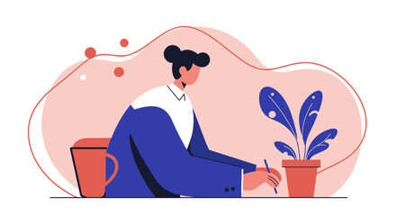 Focused person working at desk with plant and coffee illustrating productivity and creativity