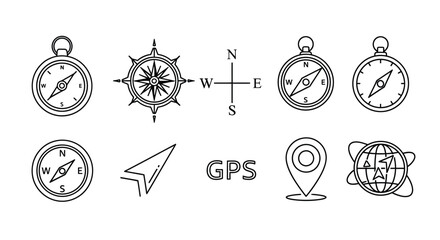 Set of hand-drawn navigation and travel icons compasses wind rose map pin and gps symbol vector