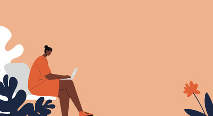 Woman working on laptop in a calm modern setting Remote work freelance digital lifestyle