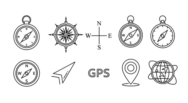 Set of hand-drawn navigation and travel icons compasses wind rose map pin and gps symbol vector