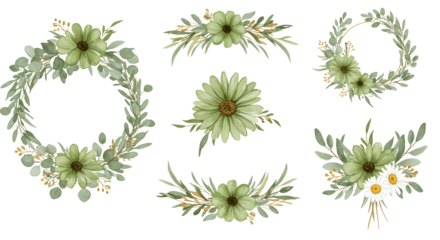 Watercolor wildflower floral illustration set featuring green and gold flowers, daisies, ivy, and eucalyptus. Elegant wreaths, frames, and bouquets for wedding stationery, greeting cards, and textiles