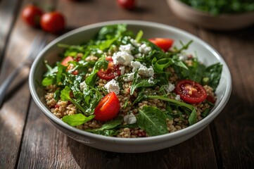Seasonal Salad Featuring Spelt, Rocket, Cherry Tomatoes, and Feta Cheese