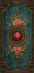 A blue and gold framed piece of art with a flower in the center