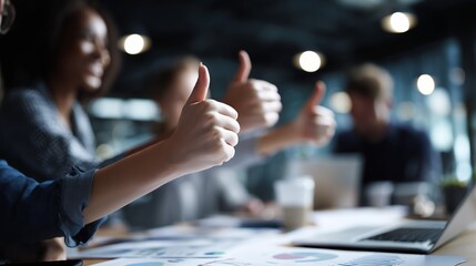 Team members celebrate success with thumbs up at a meeting in a modern office setting