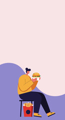 Illustration of person enjoying fast food burger and fries Modern casual dining