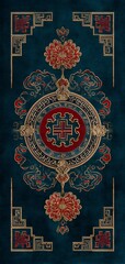 A blue and red rug with a gold border