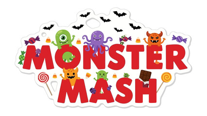 Monster Mash Halloween Illustration: Festive Halloween illustration with whimsical monsters, candies, and bats, ideal for holiday promotions. 