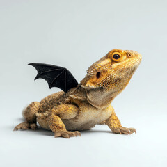 Obraz premium Bearded Dragon with Black Dragon Wings – Miniature Fantasy Halloween Creature