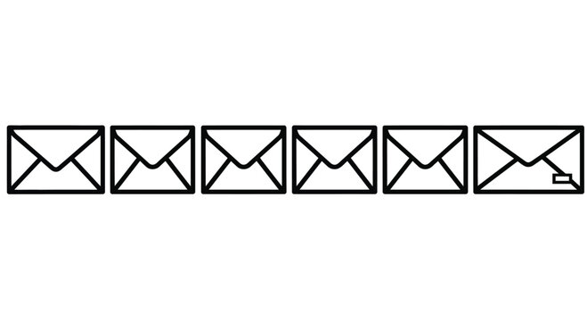 Row of six simple outline envelopes communicating messages and mail delivery concepts vector