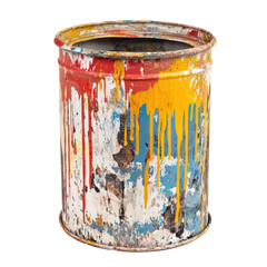 A half-empty paint can with dried streaks running down its sides. full length isolate on transparent background