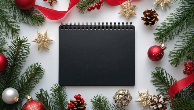 Minimalistic flat lay of a classic holiday winter arrangement and celebration. Black notebook with written message viewed from above on a white background.
