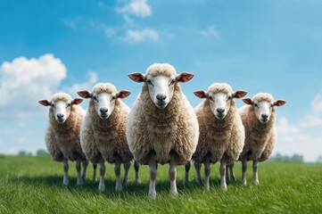 Fototapeta premium A group of sheep standing in a field, all looking directly at the lens.