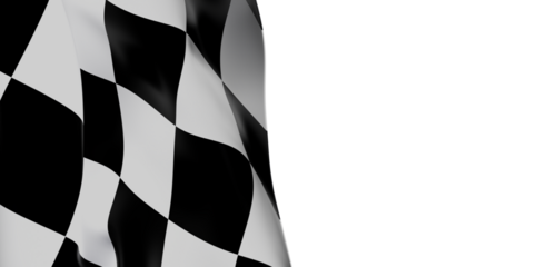 Close-up shot of a checkered flag waving in the wind on a white background, racing finish or concept.
