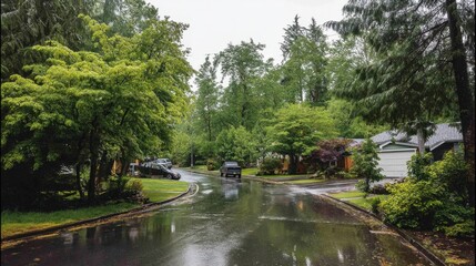 Serene Rainy Day in Suburban Neighborhood Surrounded by Lush Green Trees and Calm Street Reflections on Wet Pavement under Overcast Skies