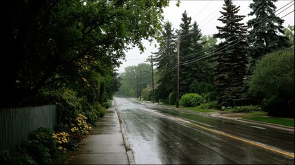 Obraz premium Tranquil Rainy Day Scene on Quiet Road Surrounded by Lush Greenery and Trees with Reflections on Wet Pavement in Soft Overcast Light