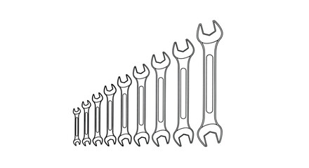 Set of combination wrenches lined up in ascending size on a vector