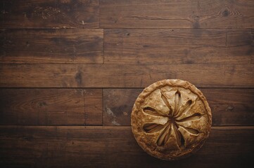 Fototapeta premium Homemade apple pie slices arranged on an old wooden surface. Overhead shot with space for text.