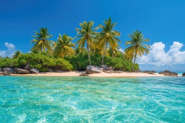 Obraz premium Tropical beach scene featuring water and palm trees on an island shore. Unusual vacation depiction
