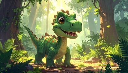 Cute cartoon baby dinosaur standing in a lush green prehistoric forest.