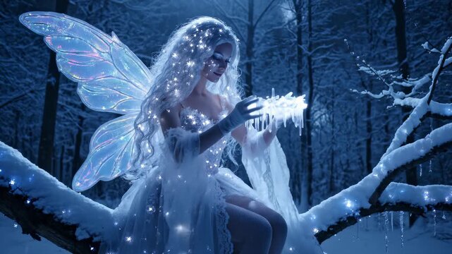 Fantasy Winter Fairy Holding Glowing Icicles in Snowy Forest