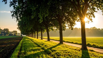Sunrise over tree-lined road