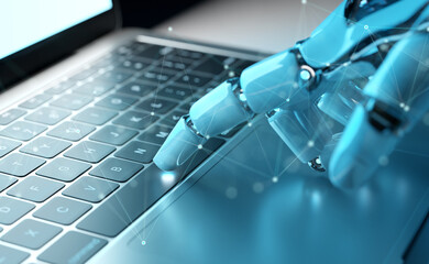 Naklejka na ściany i meble Robot using a laptop. Cyborg hand pressing a keyboard with his finger. 3D rendering Naklejka na ściany i meble Robot using a laptop. Cyborg hand pressing a keyboard with his finger. 3D rendering