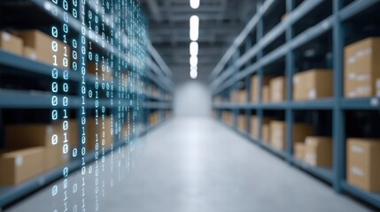 A modern warehouse with shelves of boxes and a digital binary code overlay.