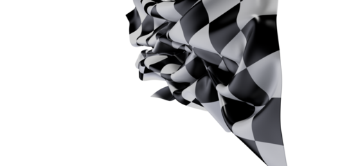 Elegant 3D illustration of a checkered flag waving, symbolizing victory, speed, and competition against a clean white backdrop. Perfect for raci