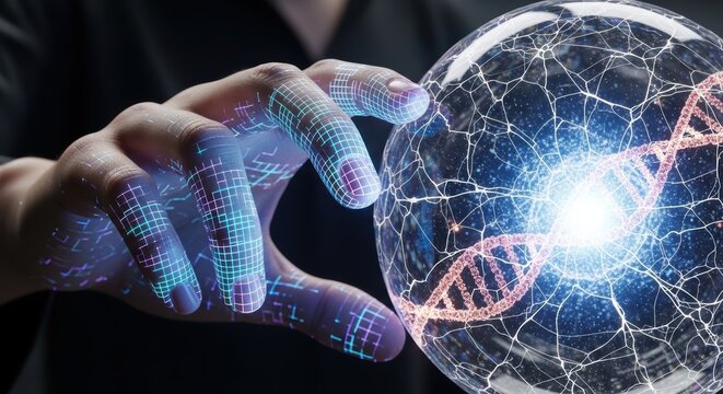 Glowing hand with digital circuits interacts with DNA helix inside a futuristic glowing orb inspiring scientific innovation