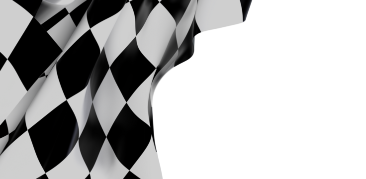 Close up of a waving black and white chequered flag with space, signifying victory, competition, and speed.