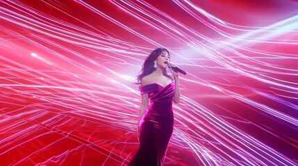 A woman in a red dress singing into a microphone