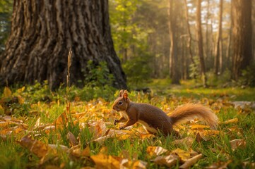 Squirrel leaping through fall woodland