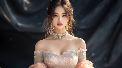A woman wearing a pink dress and a necklace