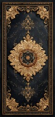 A black and gold carpet with a gold flower design