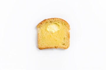 Isolated slice of buttered bread on a white backdrop