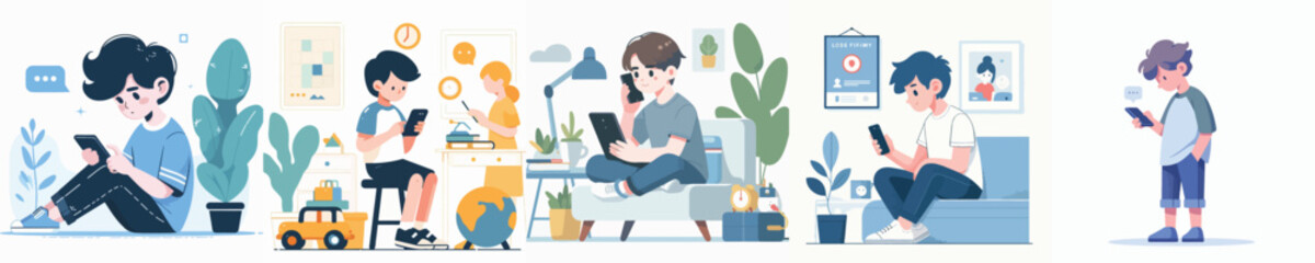 vector of a boy playing with a smartphone