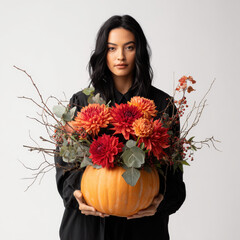 Woman holding floral arrangement in pumpkin vase, autumn flower design with orange and red blooms