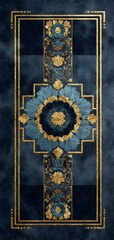A blue and gold carpet with a floral design