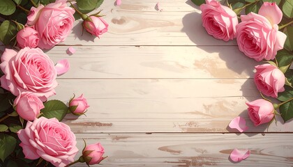 Beautiful Pink Roses Frame Rustic Wooden Background with Soft Light.