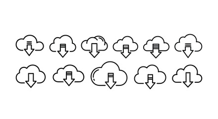 Set of hand drawn cloud icons with download arrows for digital storage and data transfer concepts vector