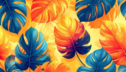 Colorful Monstera Leaves Pattern - Vibrant Tropical Foliage Design.