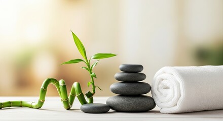 Obraz premium A bamboo plant with green leaves and a white towel on a wooden table.