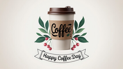 Happy Coffee Day Illustration A Festive Design with a Coffee Cup and Greenery Celebrating the Daily Brew